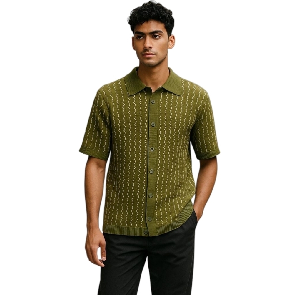 CONEY ISLAND PICNIC Knit Button-Down Short Sleeve Shirt. Olive Green.Size S NWT